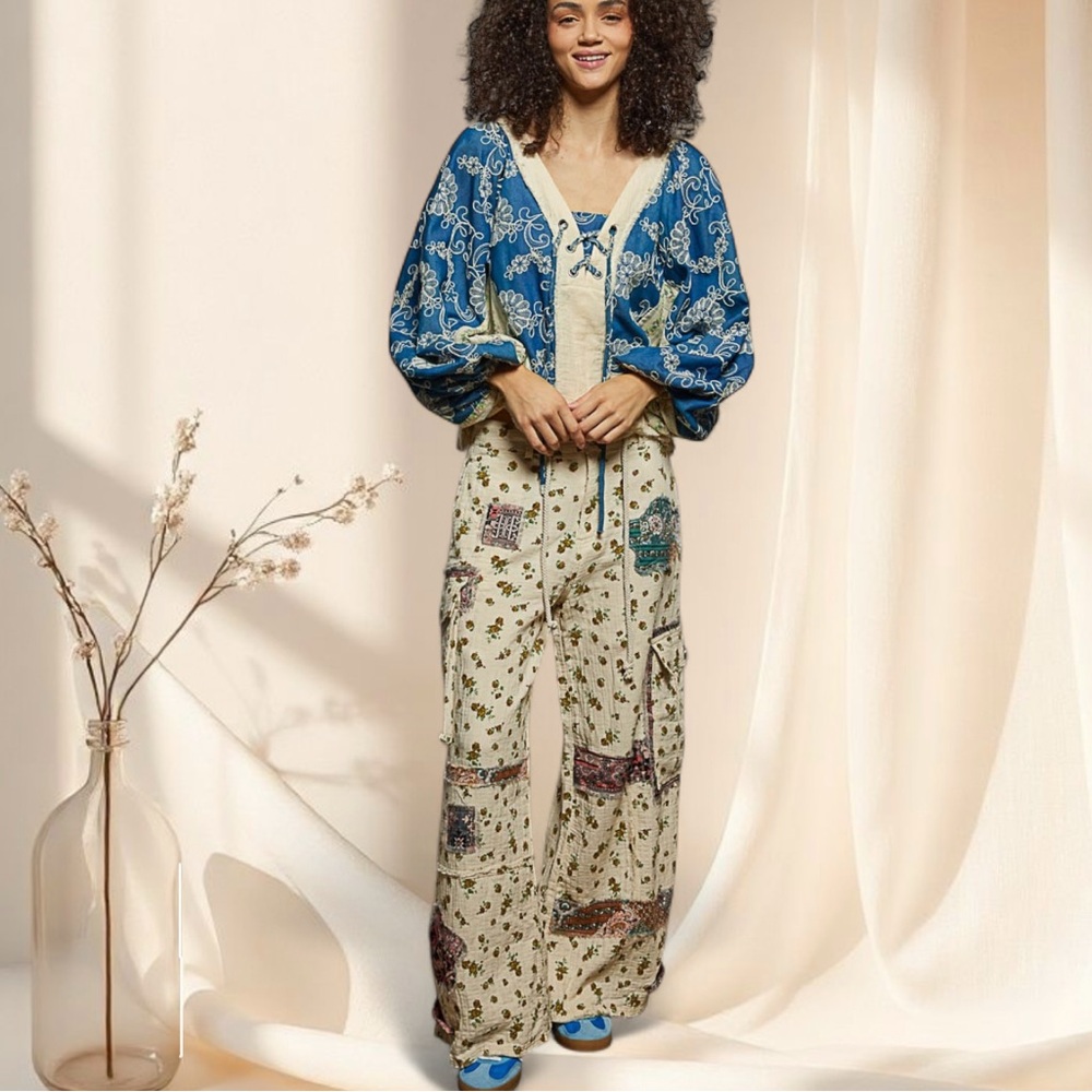 POL Denim & Cream Woven Floral Boho Top with Ruffle Hem - Picture 7 of 8
